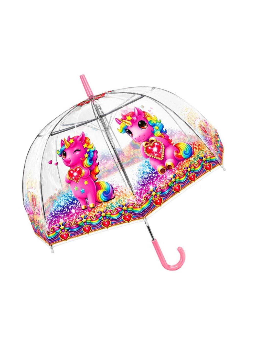 New Pink Unicorn Clear Dome  Transparent Stick Umbrella Auto Open .